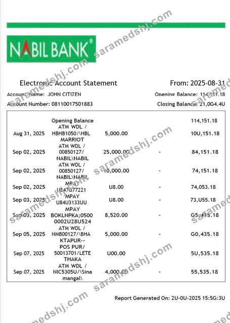 Nepal Nabil Bank electronic account statement Word and PDF template